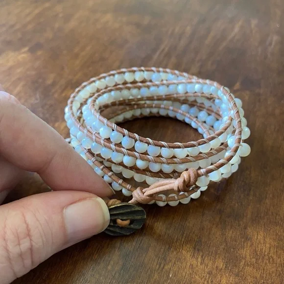 Handmade Leather & Mother of Pearl Beads Wrap Bracelet - Picture 3 of 6